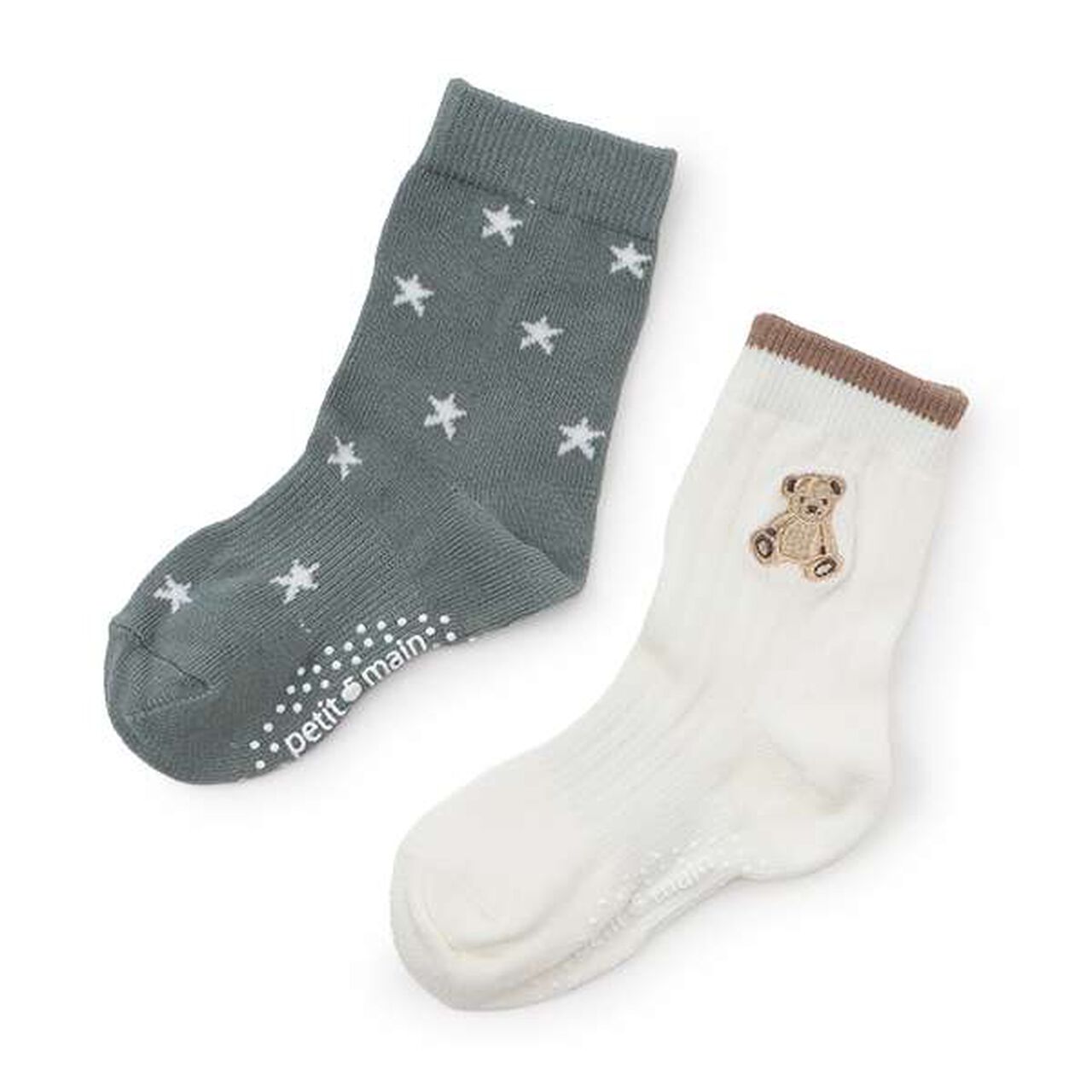 Bear & Star Crew Socks 2P,Pearl white, large image number 0
