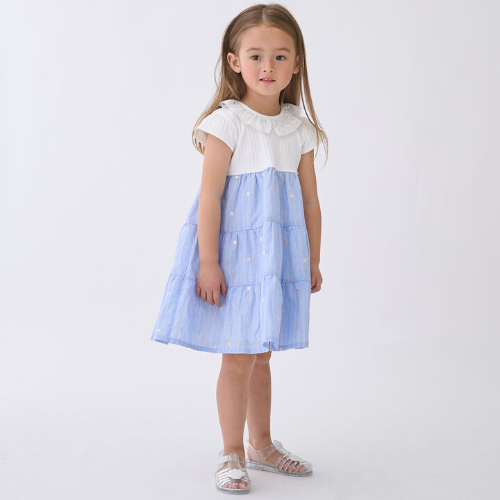 [Link] Heart Embroidery Docking One-Piece Dress,Turquoise, medium image number 0