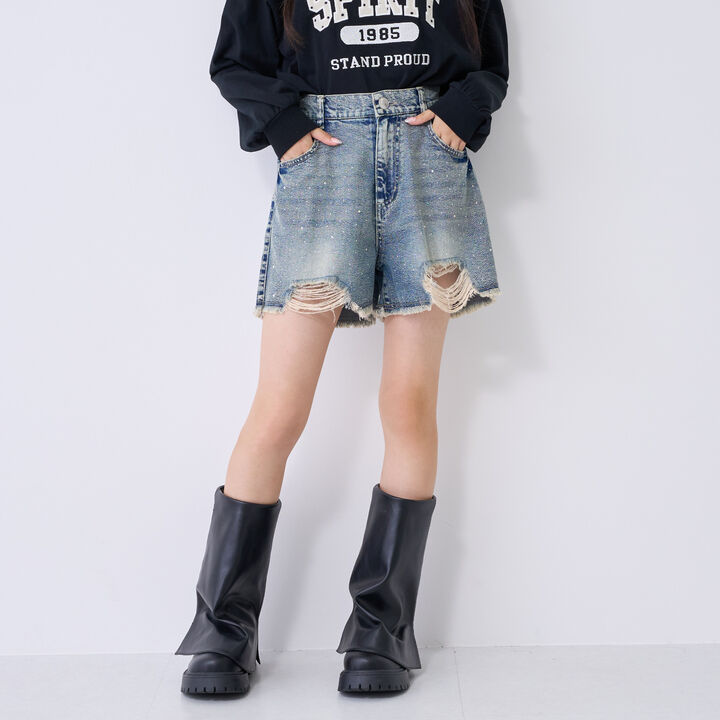 [LTXC] Sparkling Distressed Denim Shorts,Gray, medium image number 1