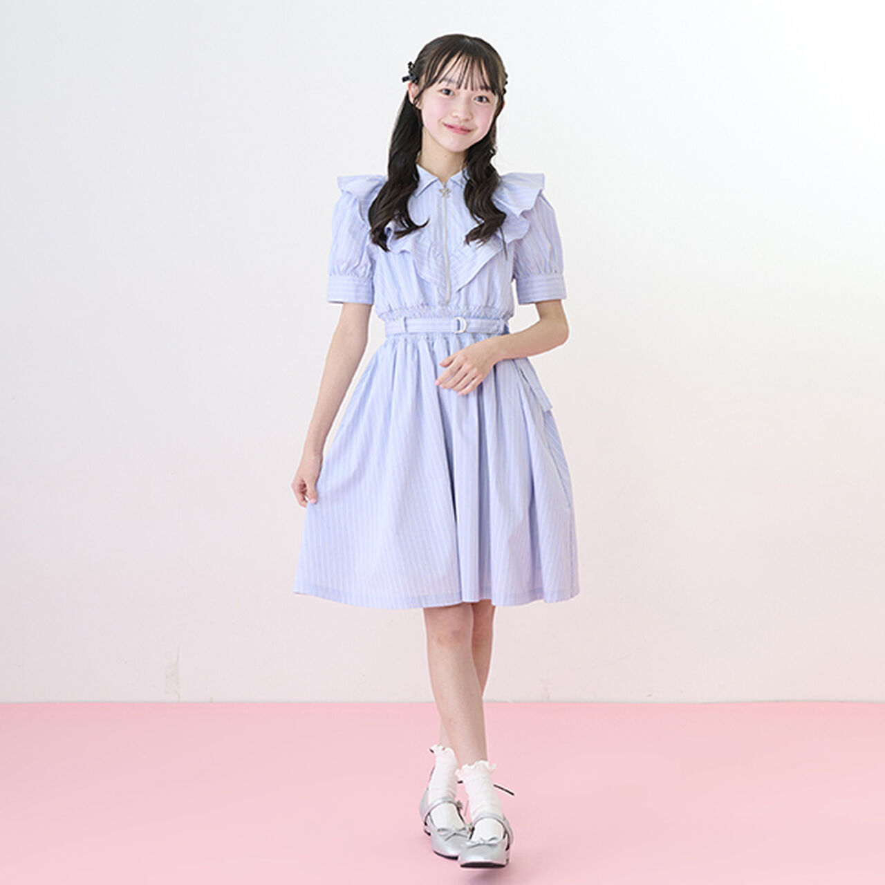 Half-Zip Frill One-Piece Dress,Sax blue, large image number 12