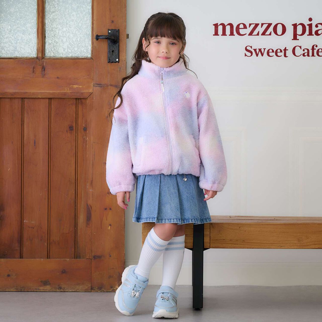 Denim & Faux Leather Skirt with Decorative Chain,Navy, large image number 0