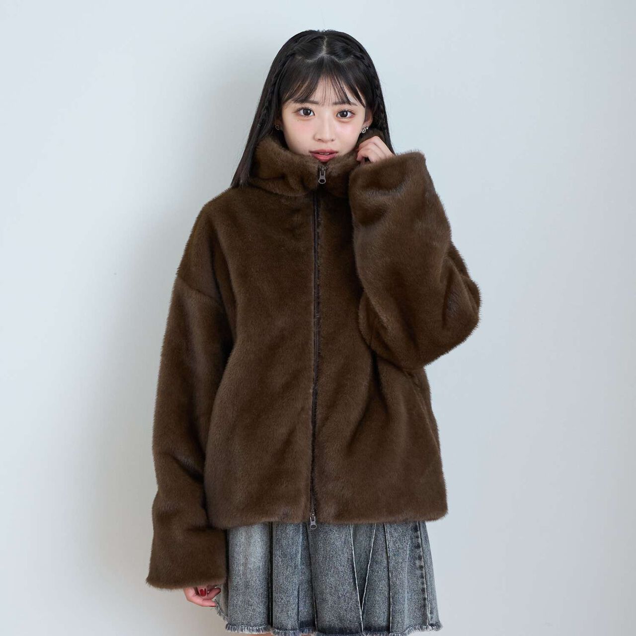 Double Zipper Faux Fur Bomber Jacket,Off white, large image number 7