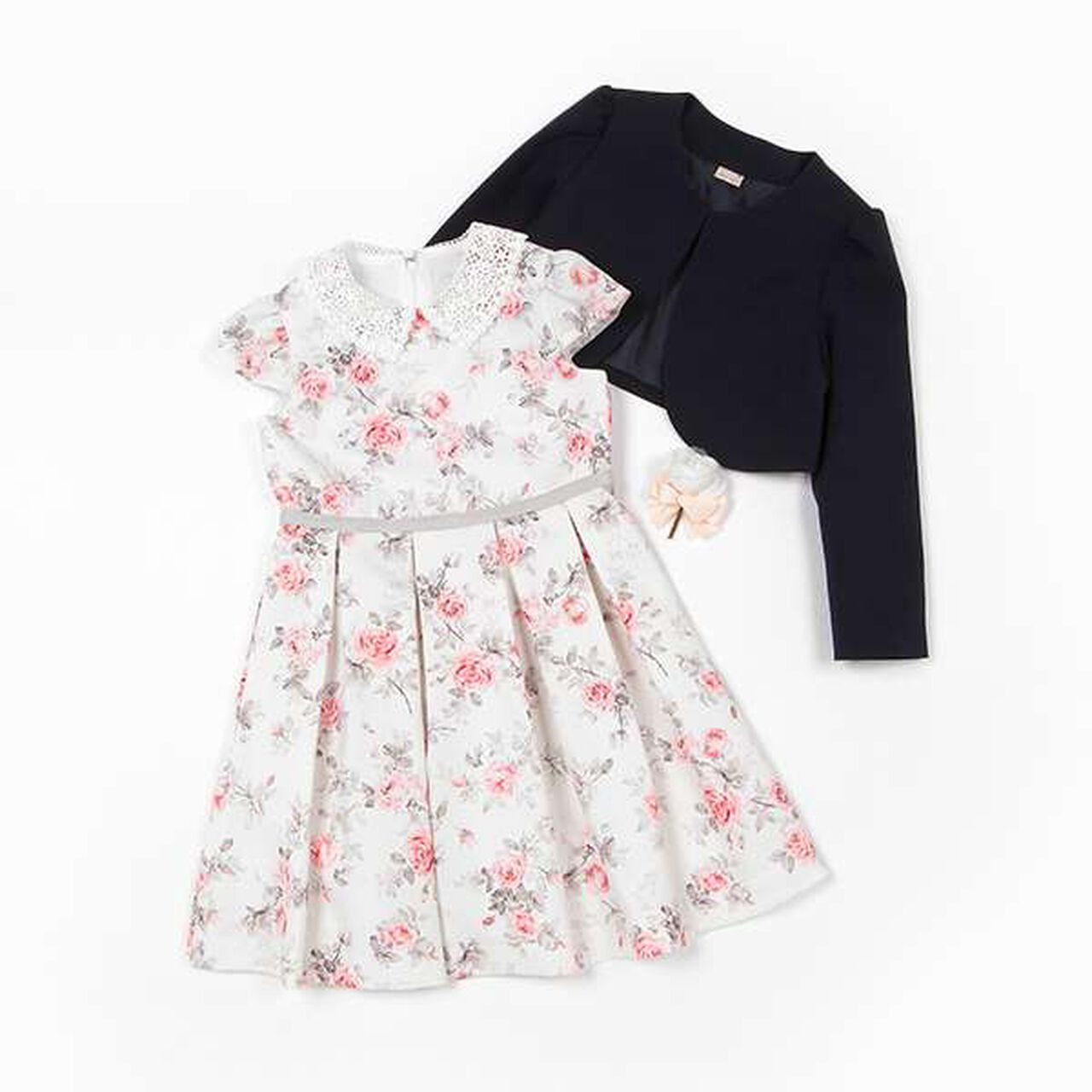 Lace Collar Floral Dress & Jacket Set,Pearl white, large image number 13