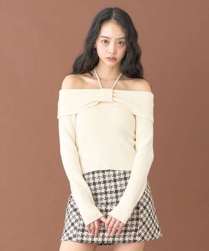 Ribbon Off-Shoulder Knit Pullover [Korean Fashion],, medium