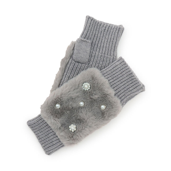 Faux Fur Mittens with Pearl Accents,Light gray, medium image number 6