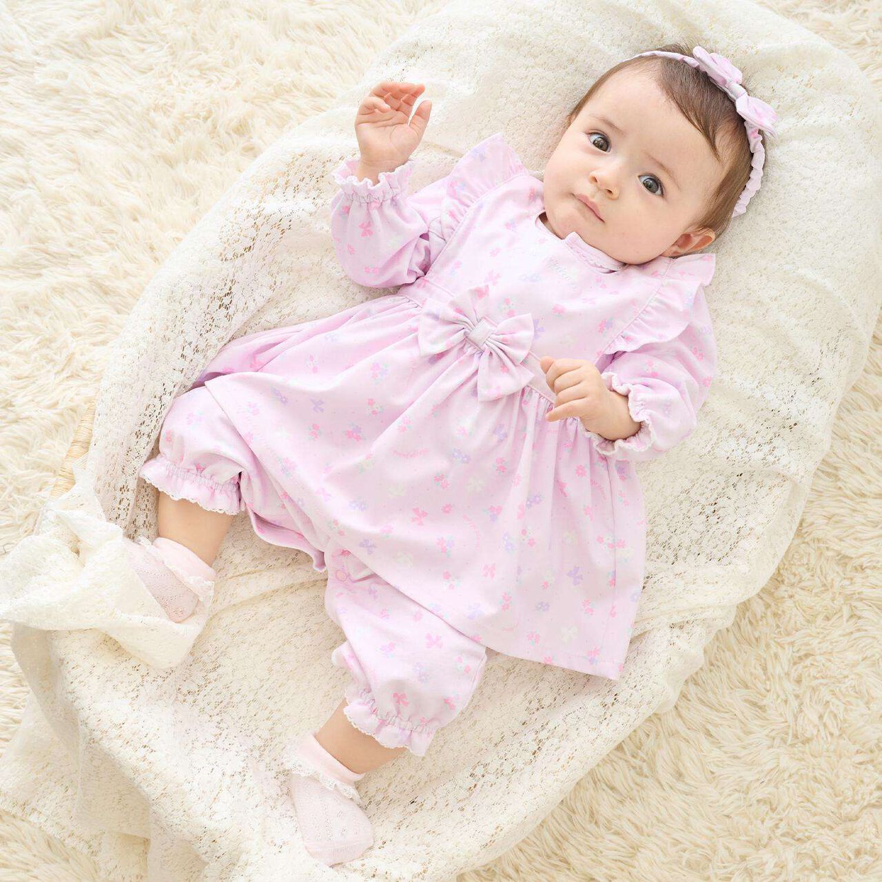 [Box Included] Flower Ribbon Pattern Apron & Headband Set,Light pink, large image number 0