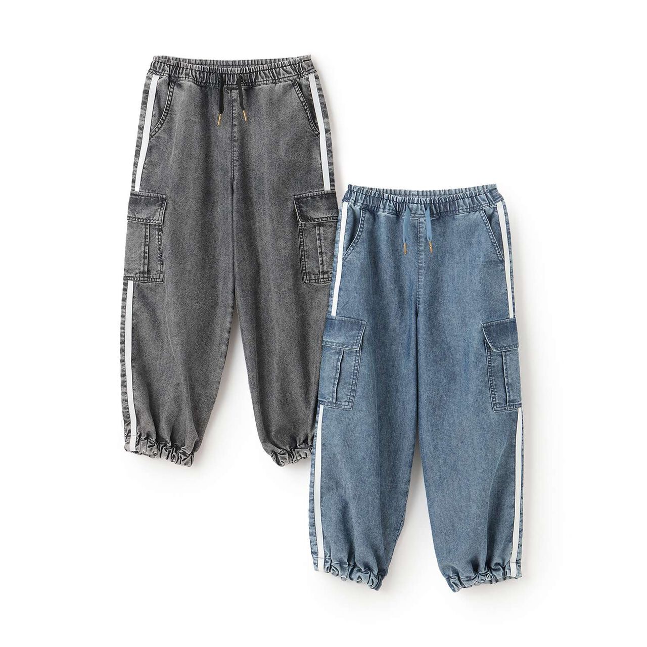 [Elastic Hem] Striped Denim Cargo Pants,Black, large image number 19