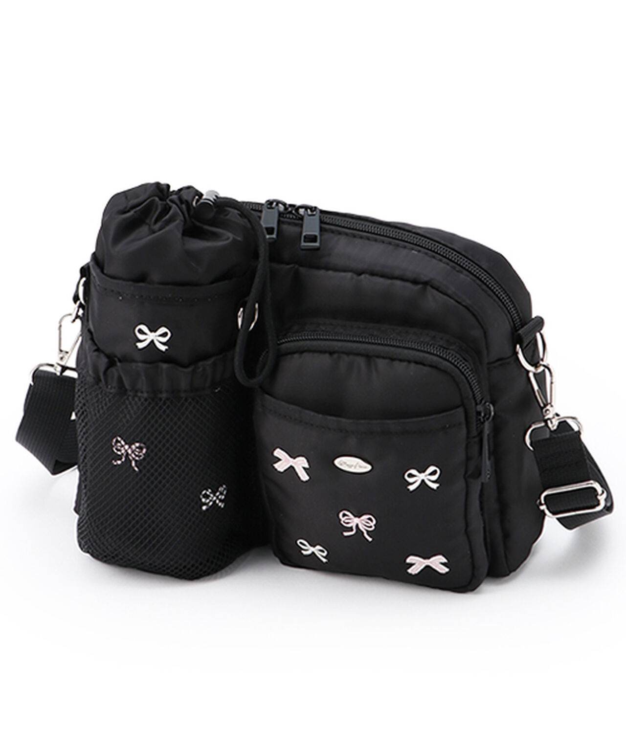 Shoulder Bag with Ribbon Pattern and Bottle Holder,Black, large image number 0
