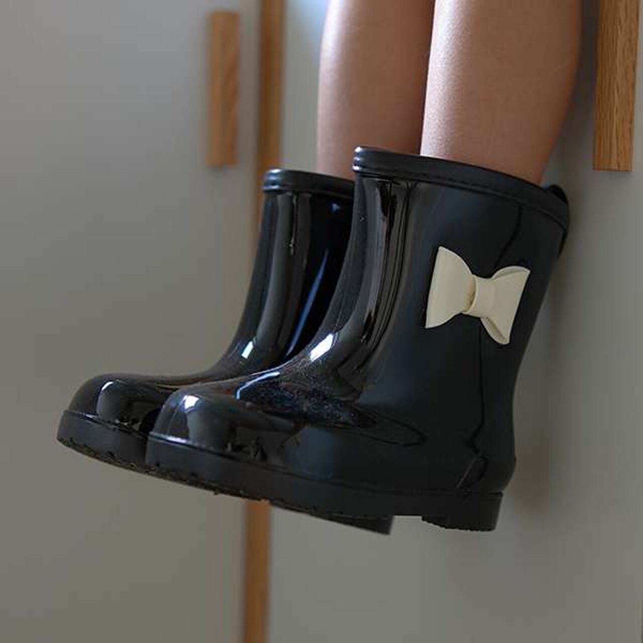 Bi-Color Rain Boots with Ribbon,Black, large image number 4