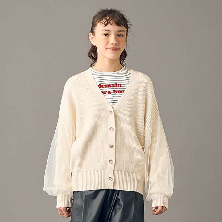 [AMI] Overlay Tulle Sleeve V-Neck Cardigan,Ivory, medium image number 2