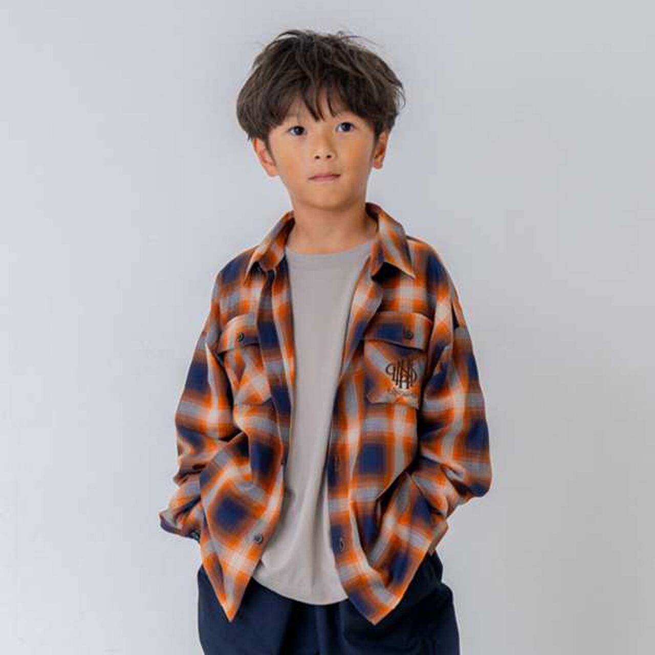 [Link] Ombre Check Emblem Embroidered Shirt,Orange, large image number 1
