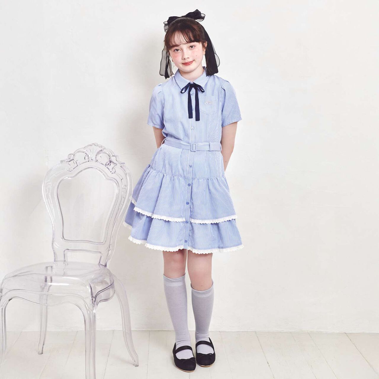 Ribbon & Logo Knee-High Socks,Silver gray, large image number 11