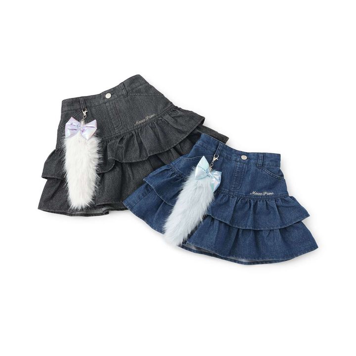 Lame Denim Tiered Skirt with Tail Charm,Navy, medium image number 12