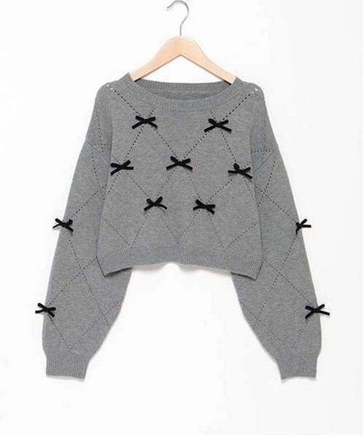 Ribbon Motif Diamond Knitwear,Black, medium image number 9