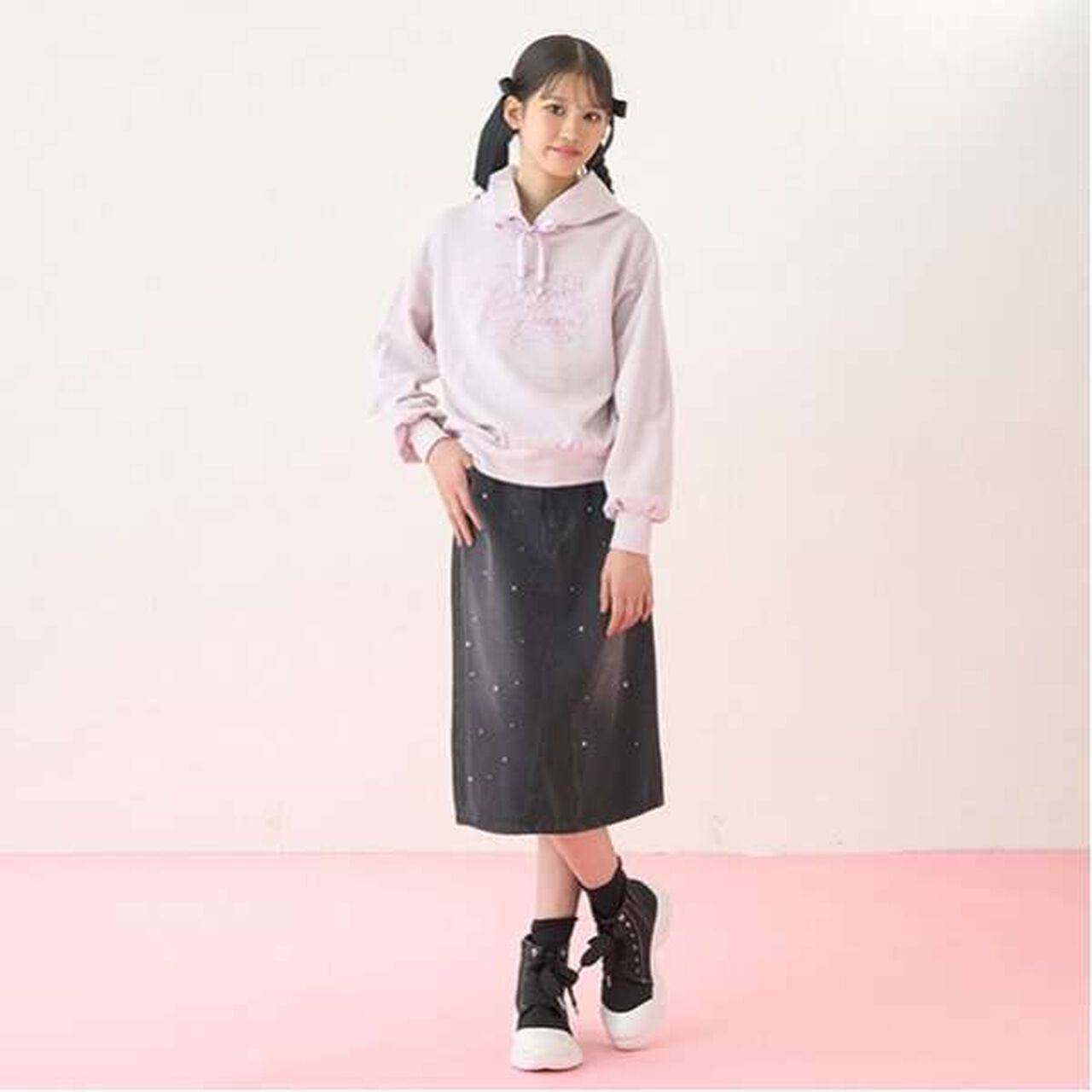 Pearl & Rhinestone Denim Midi Skirt,Black, large image number 0