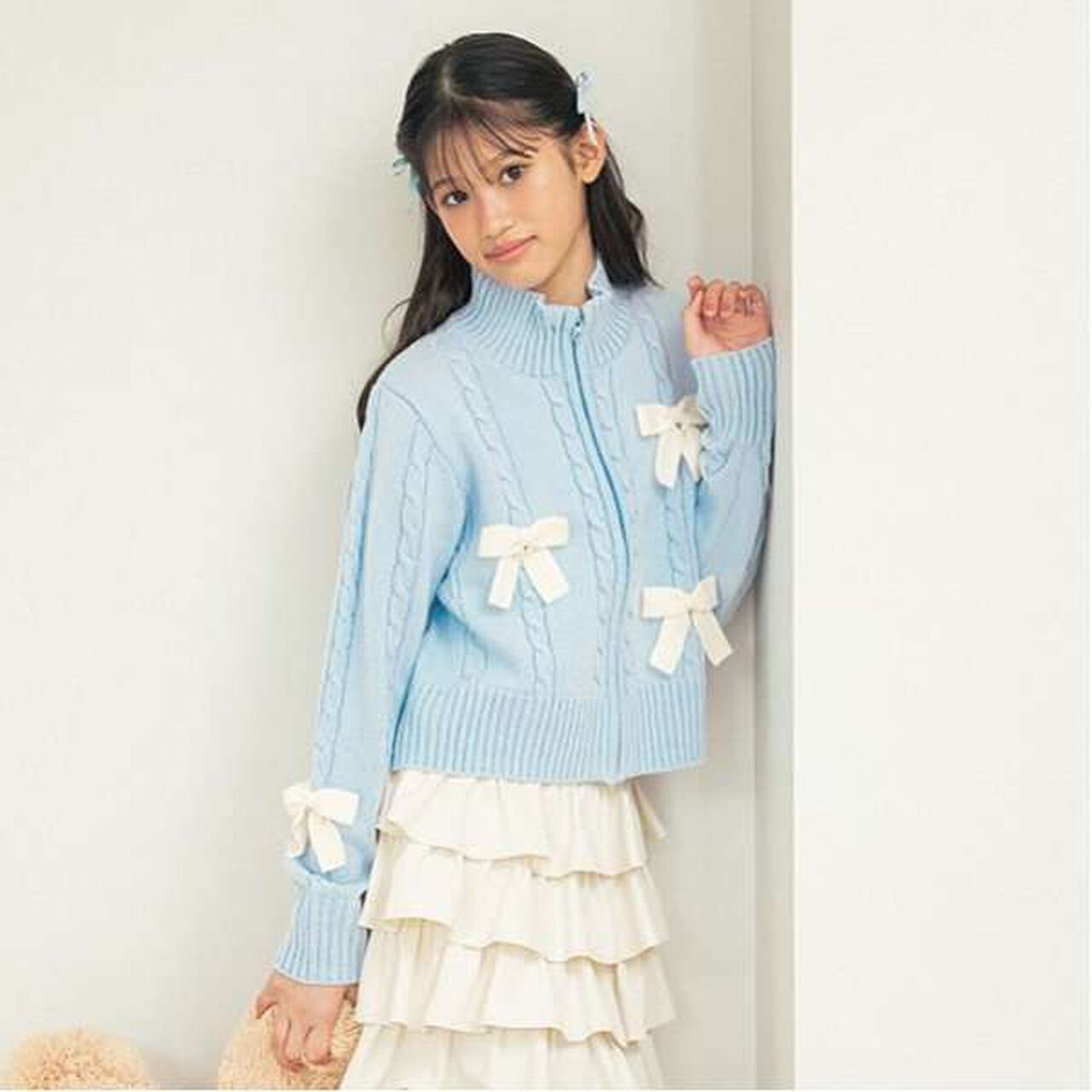 W Zip Ribbon Cardigan,Sax blue, large image number 16