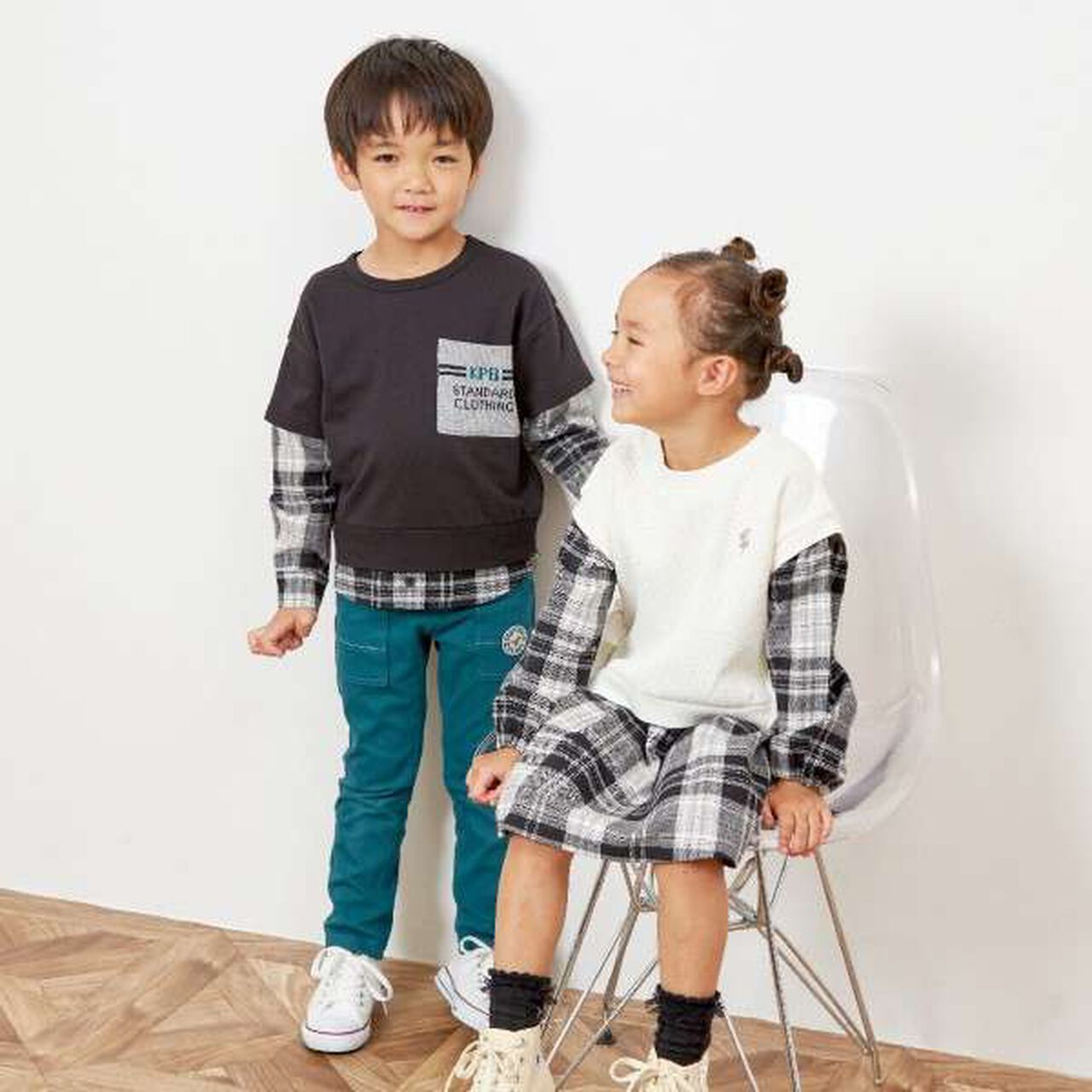 KP Layered Check One-Piece Dress [90-160],Black, large image number 3