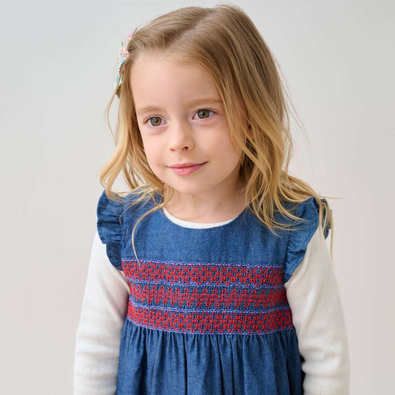 Denim Smocking Jumper Skirt,Navy, large image number 12