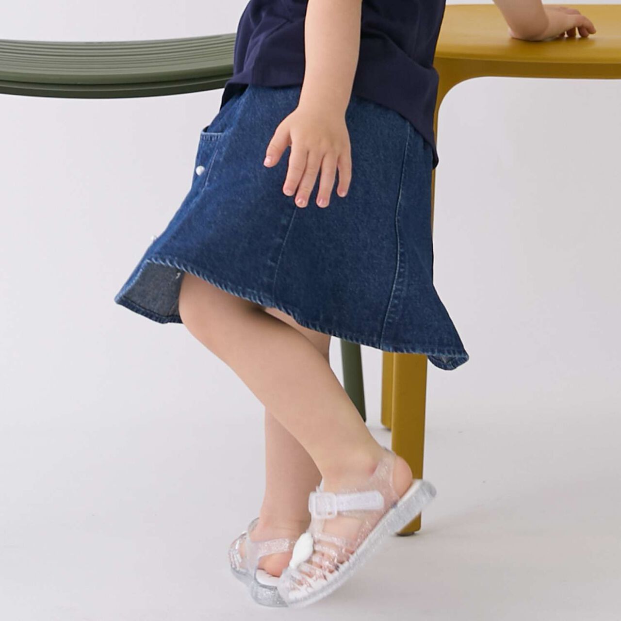 Pearl Denim Flare Skirt with Shorts,Blue, large image number 4