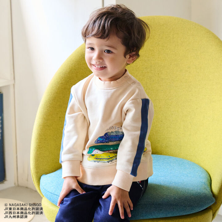 Side-Stripe Sleeve Sweatshirt with Train Design,Ivory, medium image number 0