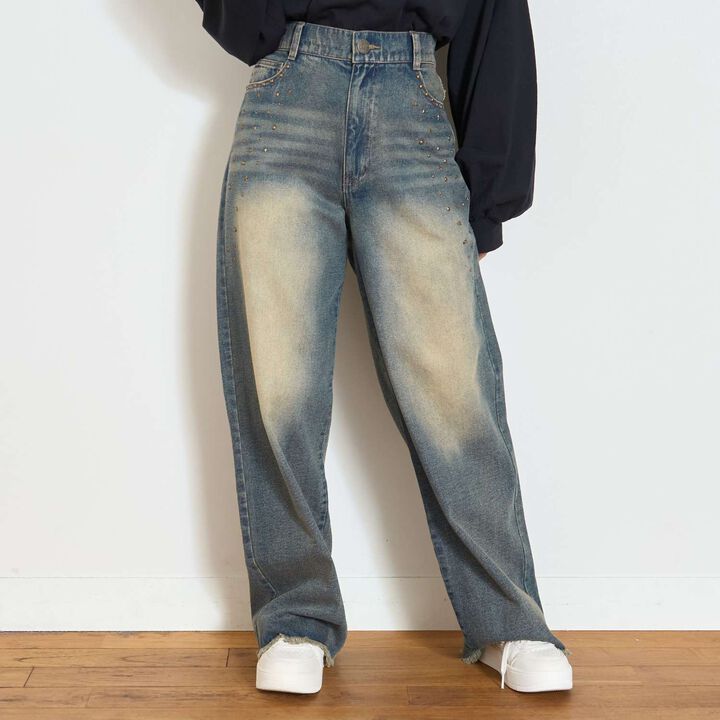 Studded Fringe Denim Pants,, medium