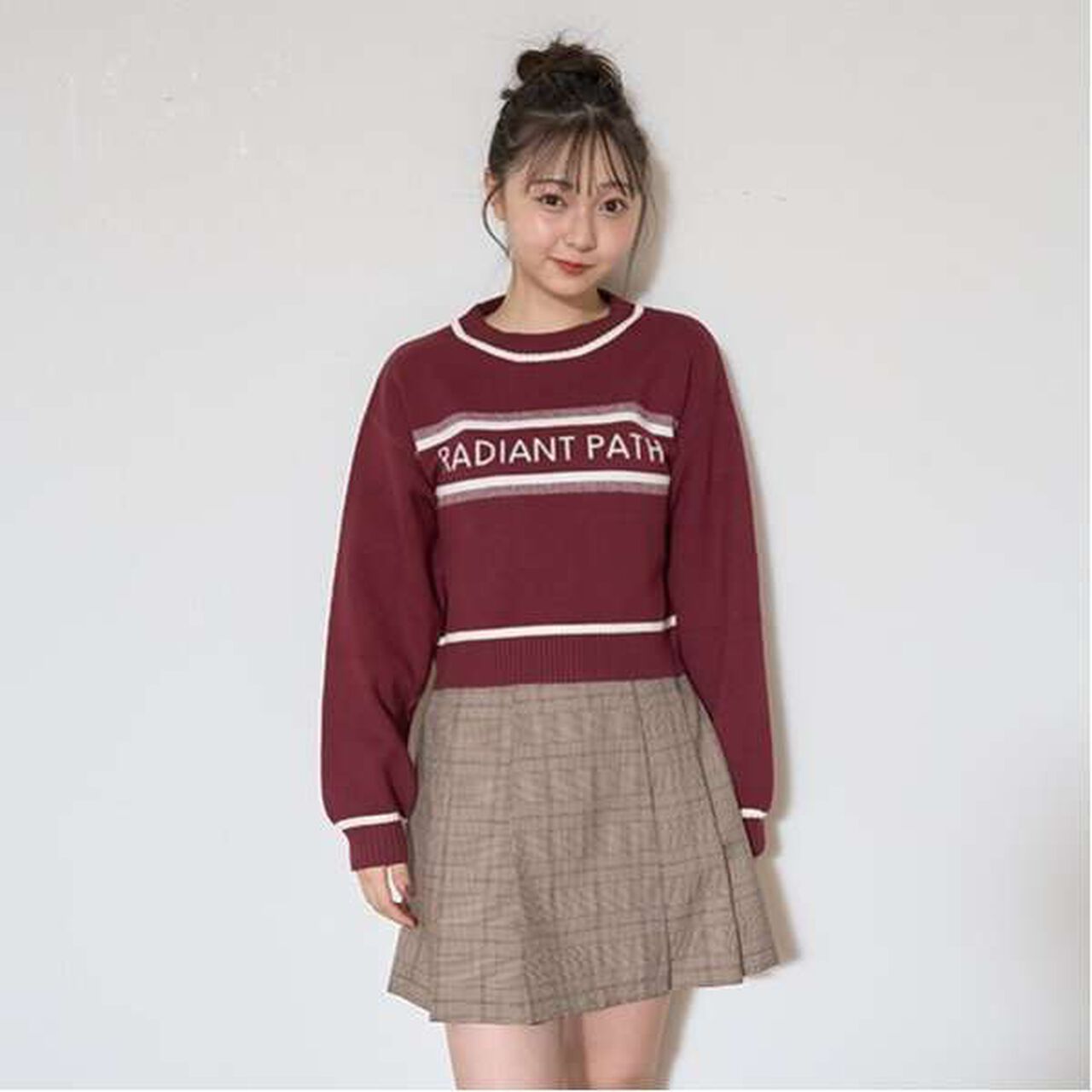 Belted Check Pleated Skirt-Pants,Brown, large image number 0