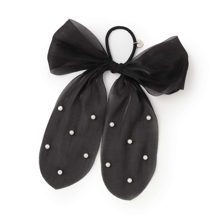 Sheer Pearl Ribbon Hair Tie,Black, medium image number 4