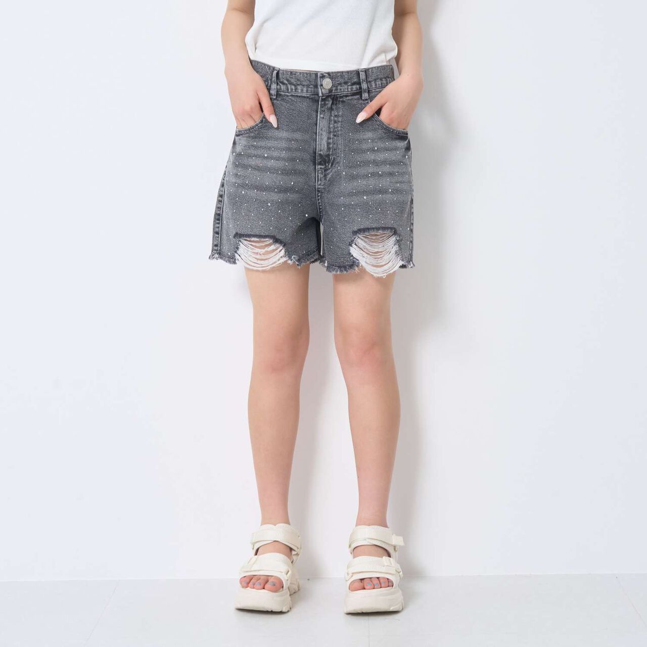 [LTXC / Cool Touch] Sparkling Distressed Denim Shorts,Blue, large image number 4