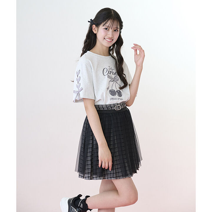 Checkered Box Pleated Skirt-Pants & Tulle Skirt Set,Black, medium image number 3