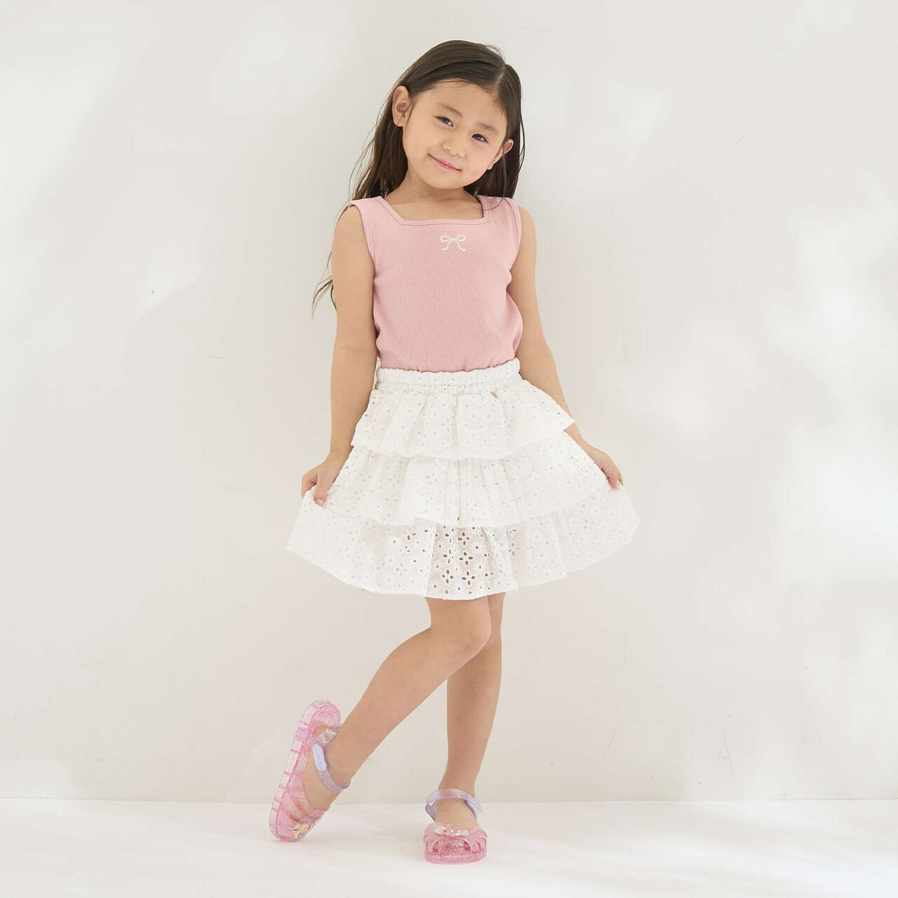 [100% Cotton] Cotton Lace Tiered Skirt with Inner Shorts [Kids Girls],Pearl white, large image number 14