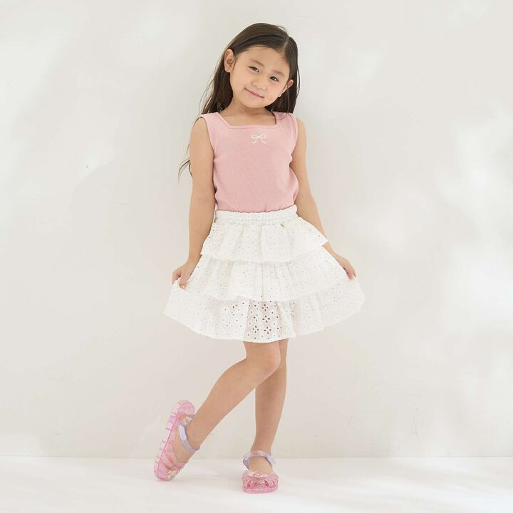 [100% Cotton] Cotton Lace Tiered Skirt with Inner Shorts [Kids Girls],Pearl white, medium image number 14