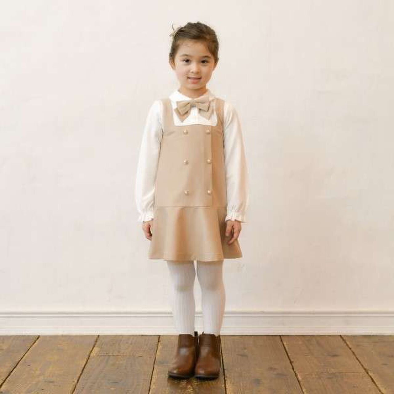 KP Layered One-Piece Dress with Ribbon [100-140],Beige, large image number 7