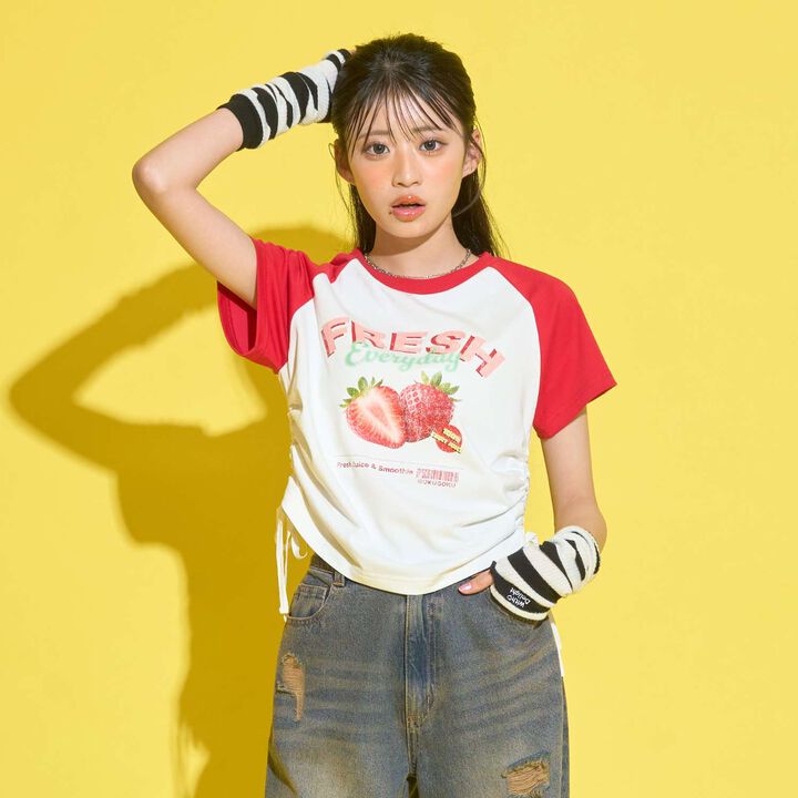 [GOKUGOKU] Multi-Function Shirred Crop Raglan Short-Sleeve T-Shirt,Orange, medium image number 1