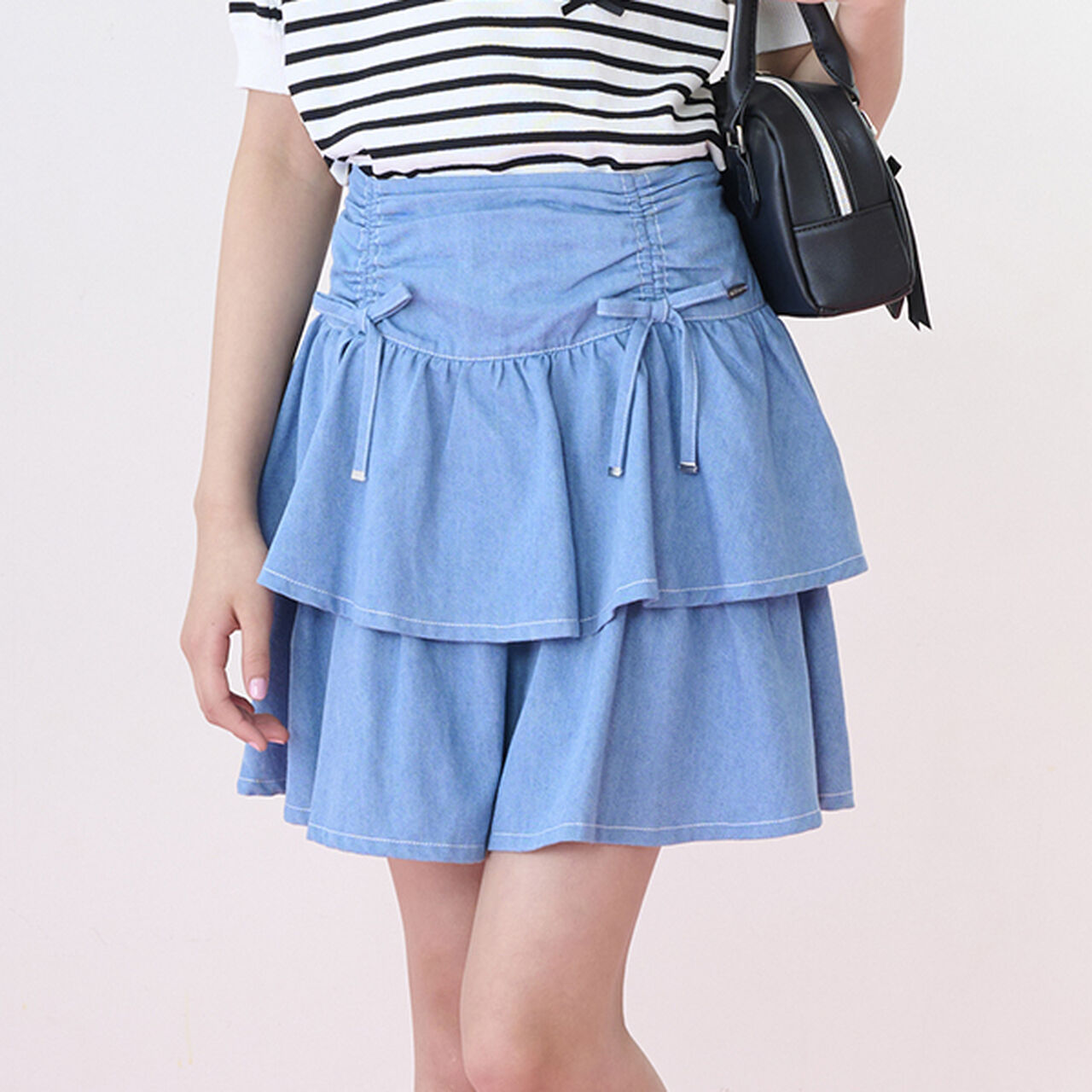Drawstring Tiered Skirt with Shorts,Light blue, large image number 0