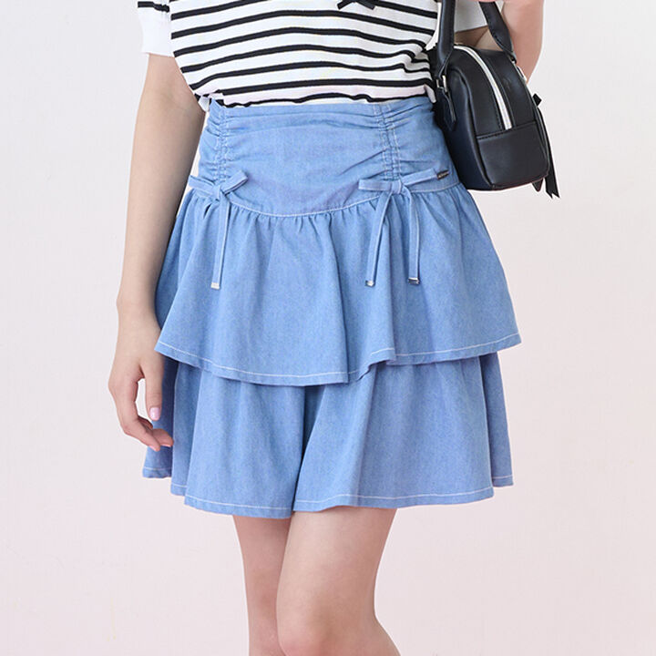 Drawstring Tiered Skirt with Shorts,Light blue, medium image number 0