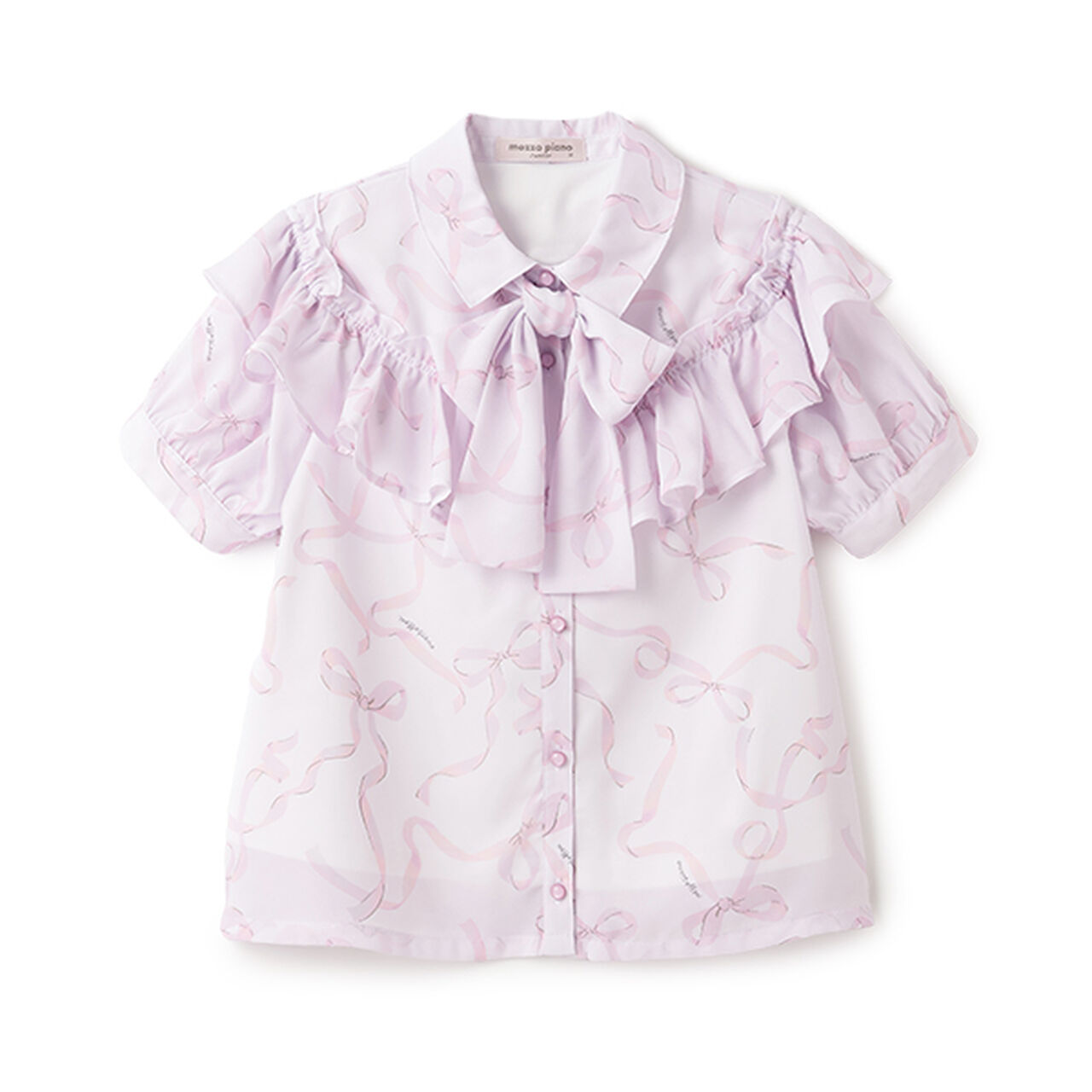 Frill Blouse with Bow Tie and Ribbon Pattern,Light blue, large image number 3