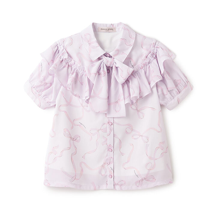Frill Blouse with Bow Tie and Ribbon Pattern,Light blue, medium image number 3