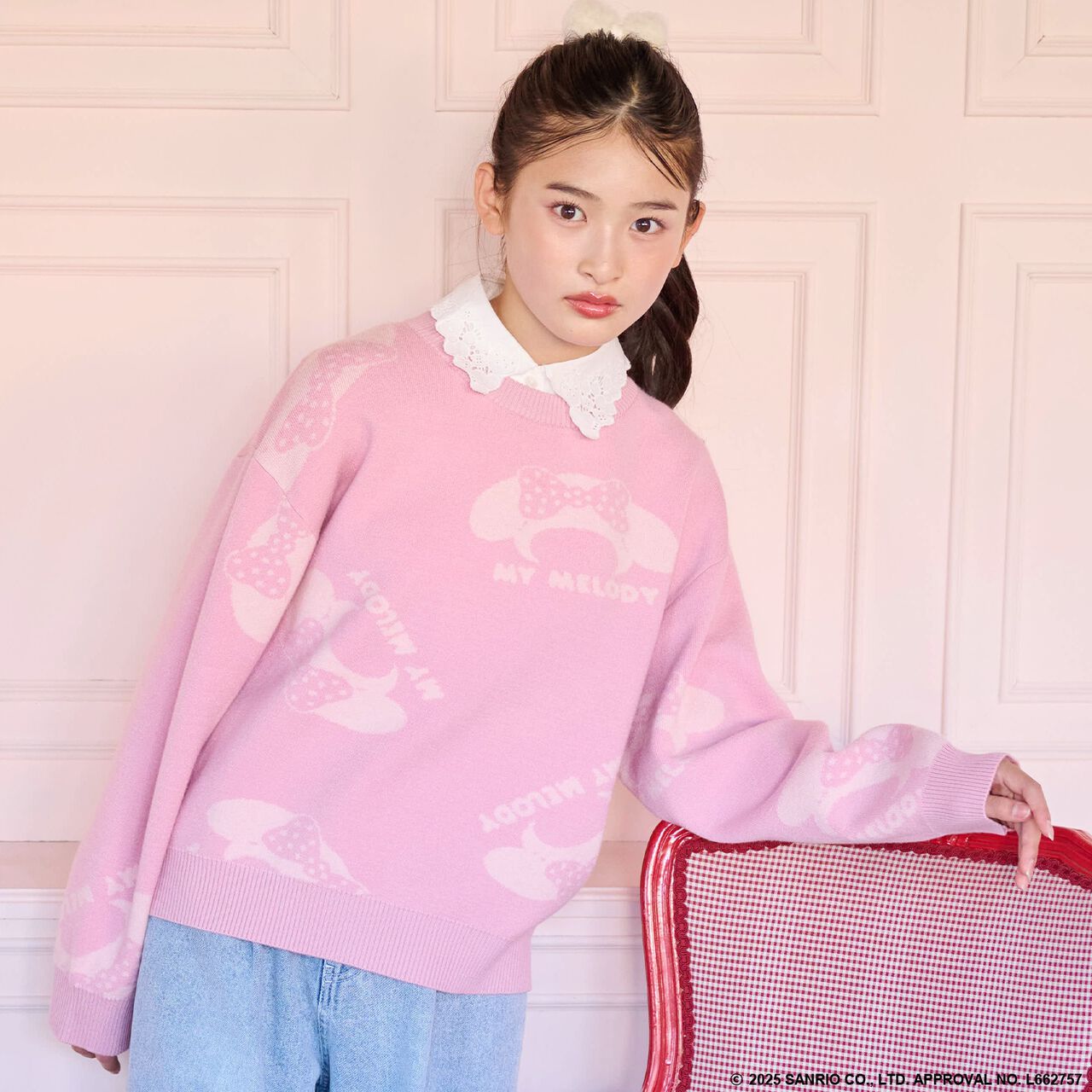 My Melody / Kuromi All-Over Pattern Jacquard Pullover & Lace Collar Set,Pink, large image number 0