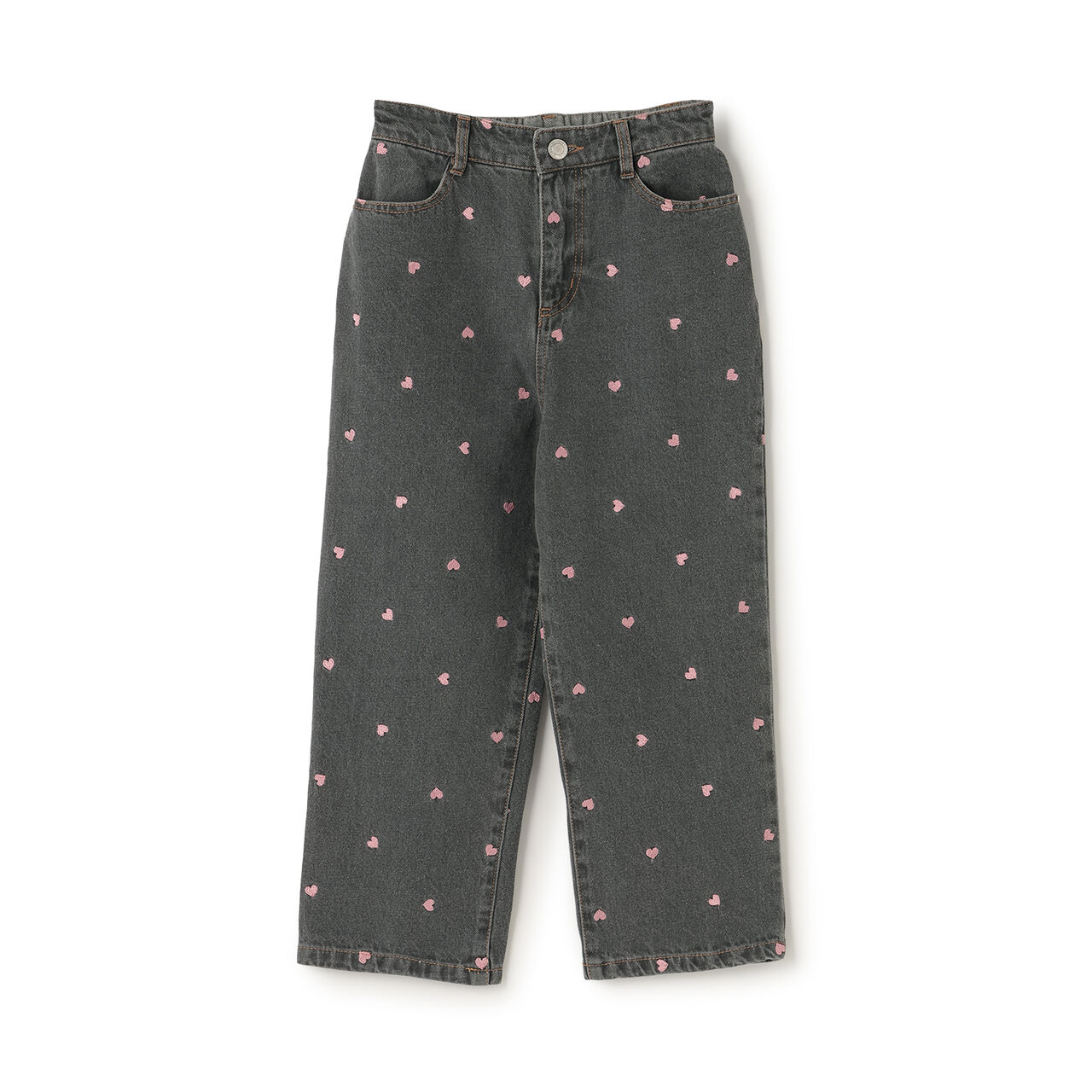 [Soft Denim] Heart Embroidered All-Over Pattern Barrel-Leg Pants for Girls [Kids],Blue, large image number 9