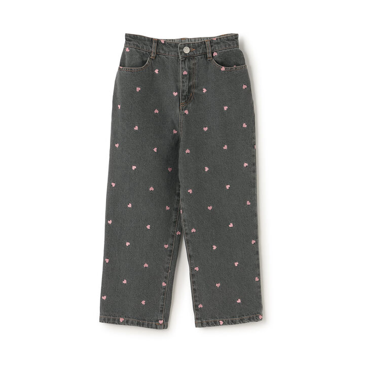 [Soft Denim] Heart Embroidered All-Over Pattern Barrel-Leg Pants for Girls [Kids],Blue, medium image number 9