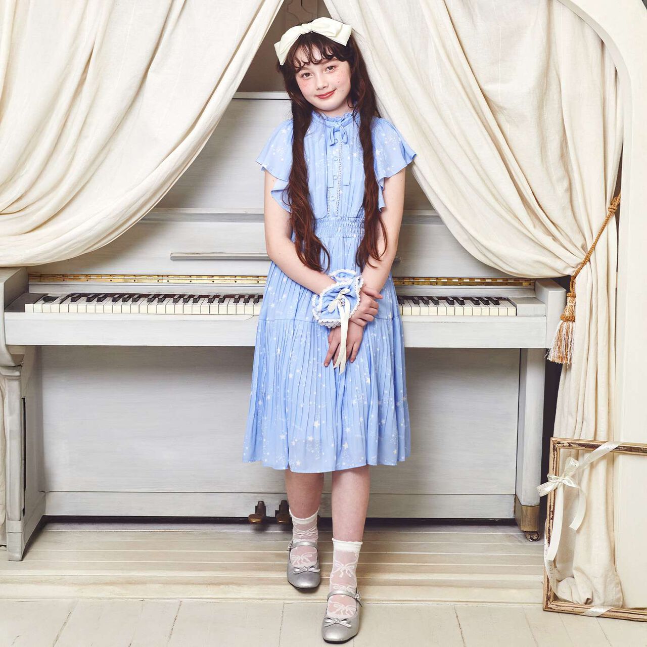 Assorted Fabric Pleated One-Piece Dress♪,Light blue, large image number 0