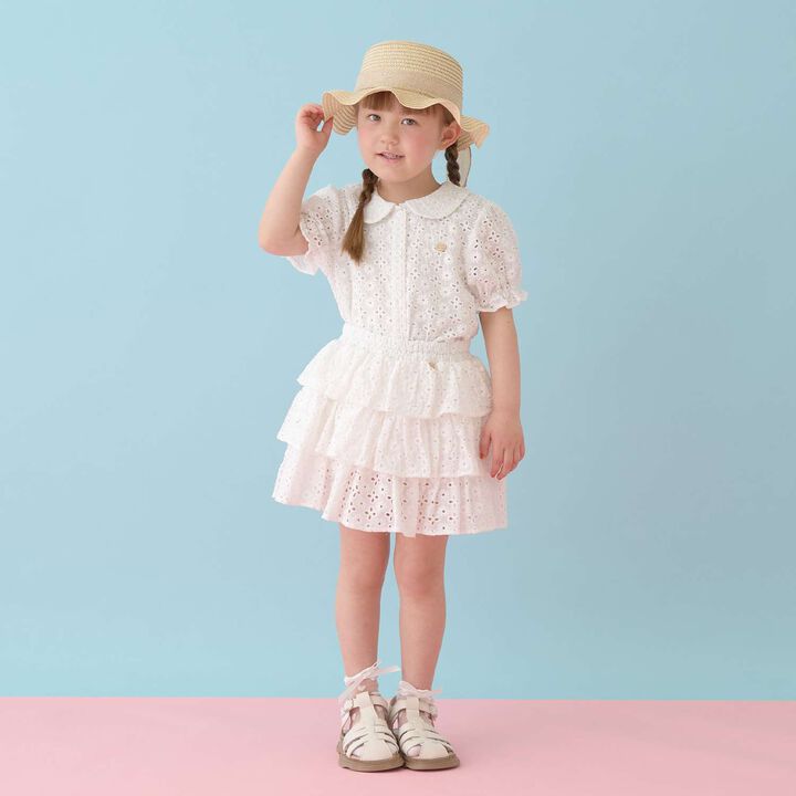 [100% Cotton] Cotton Lace Tiered Skirt with Inner Shorts [Kids Girls],Pearl white, medium image number 12