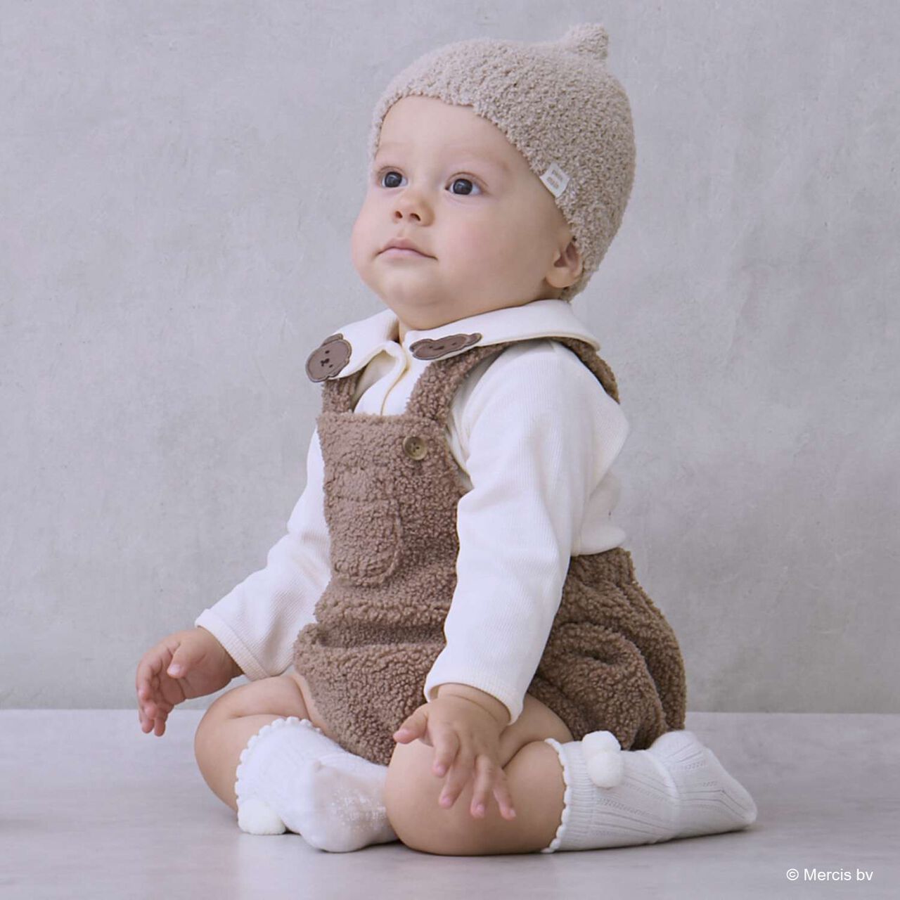 [D Bruna] Collared Romper + Boa Fabric Salopette Set,Off white, large image number 2