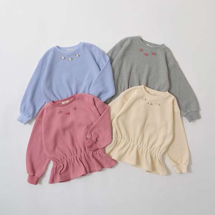 Fluffy Waffle Peplum Top with Flowers,Pink, medium image number 1