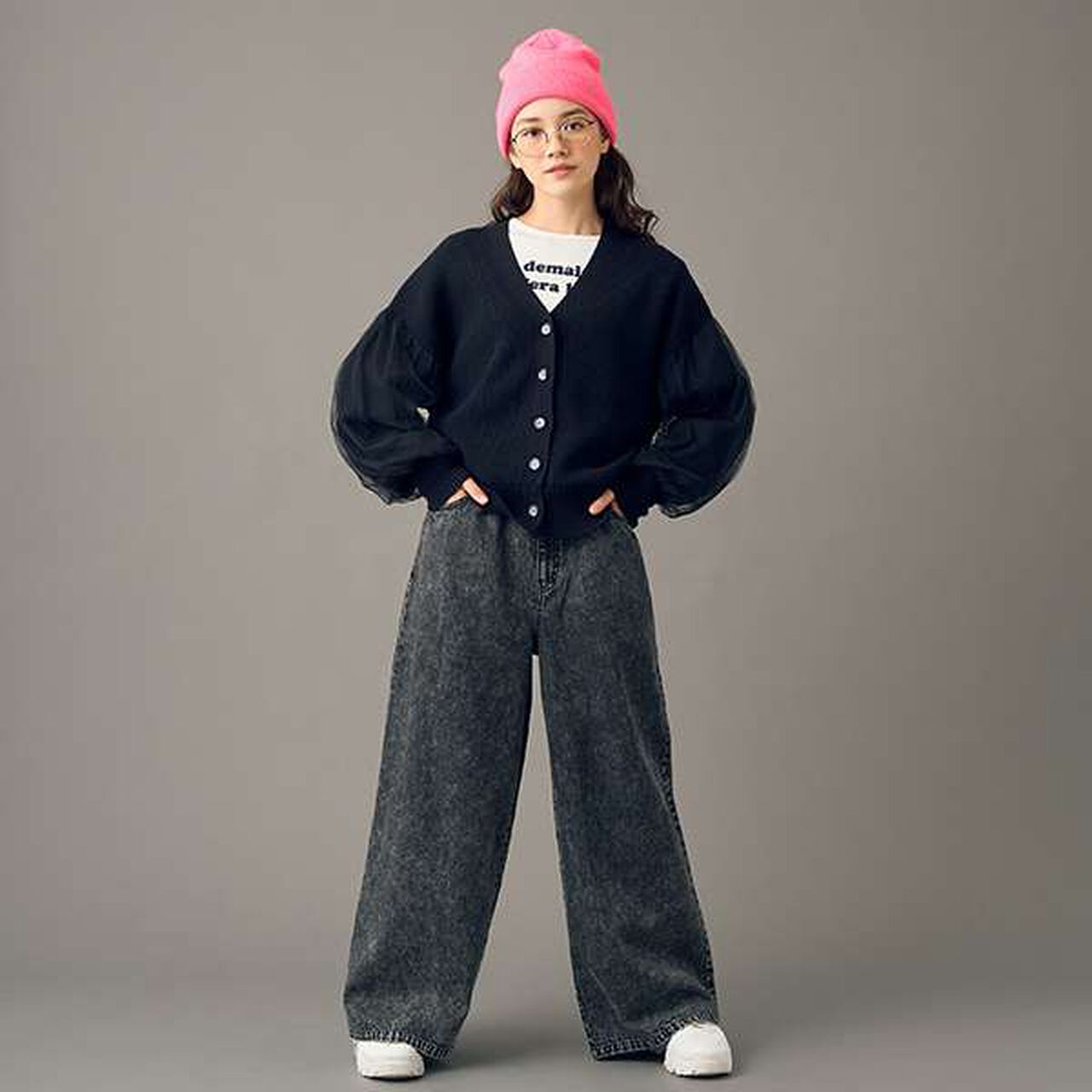 [AMI] Overlay Tulle Sleeve V-Neck Cardigan,Ivory, large image number 5