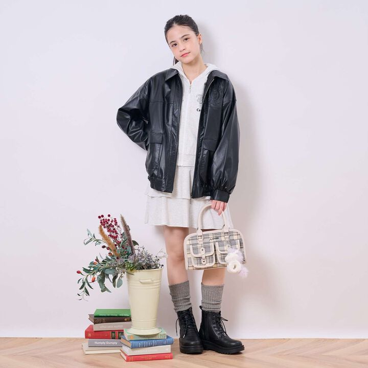 [Machine Washable] Faux Leather Bomber Jacket,Black, medium image number 12