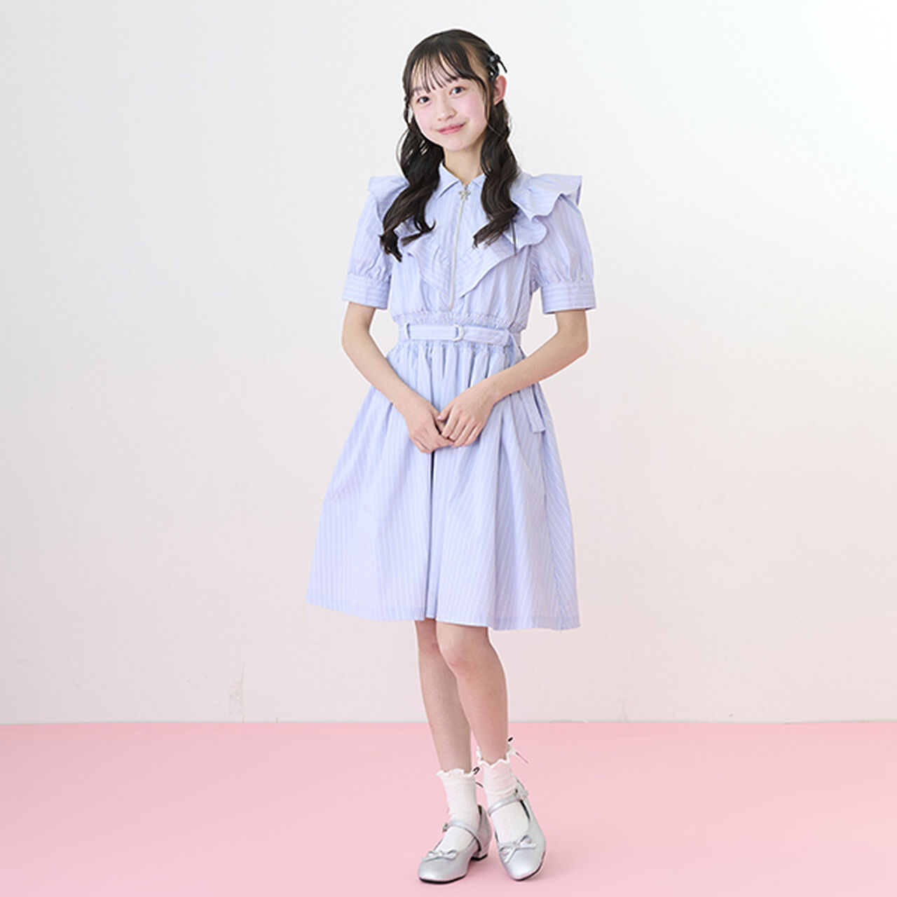 Half-Zip Frill One-Piece Dress,Sax blue, large image number 13