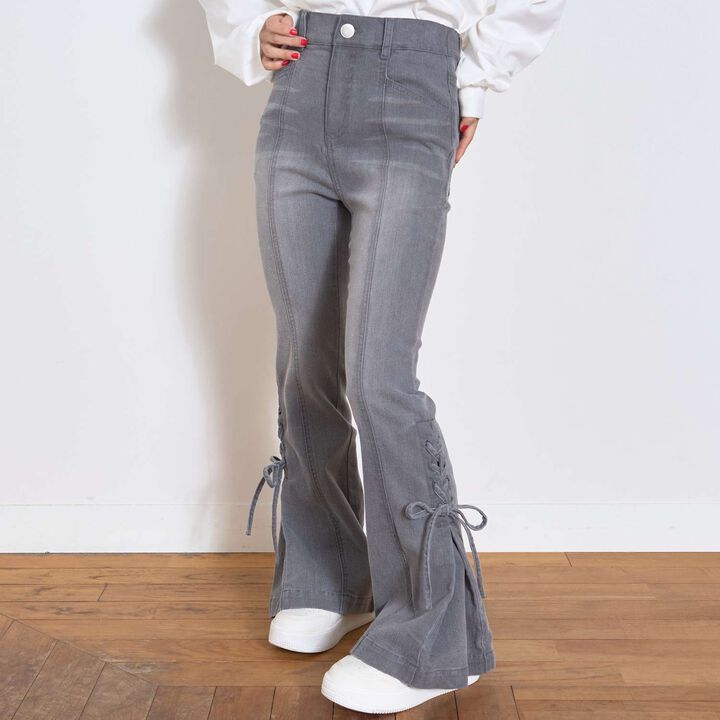 Lace-Up Ribbon Flare Denim Pants,Gray, medium image number 0