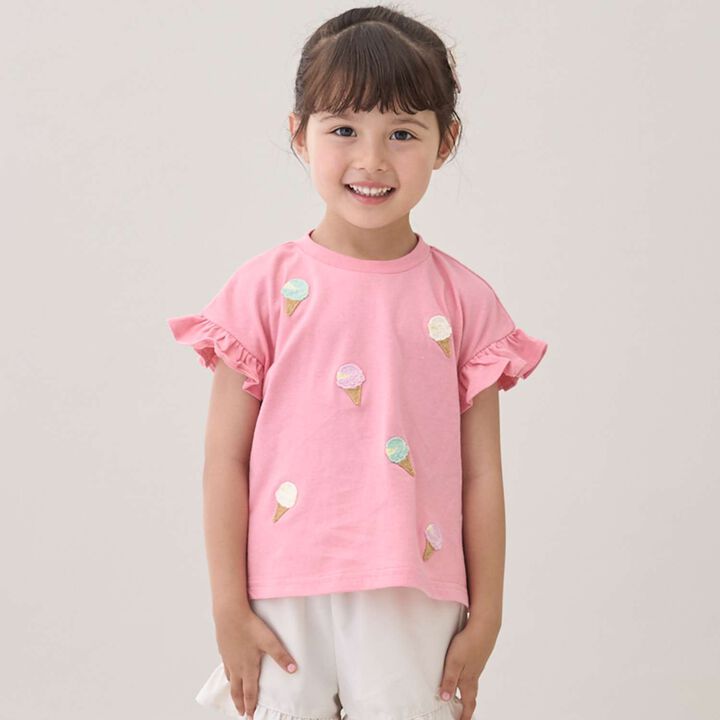[Cool Touch] Embroidered Sleeve Frill Short-Sleeve T-Shirt,, medium