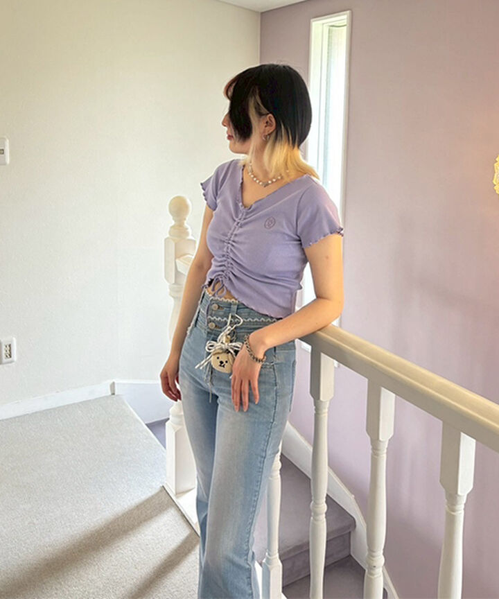 Front Shirred Short-Sleeve Ribbed Top,Lavender, medium image number 14